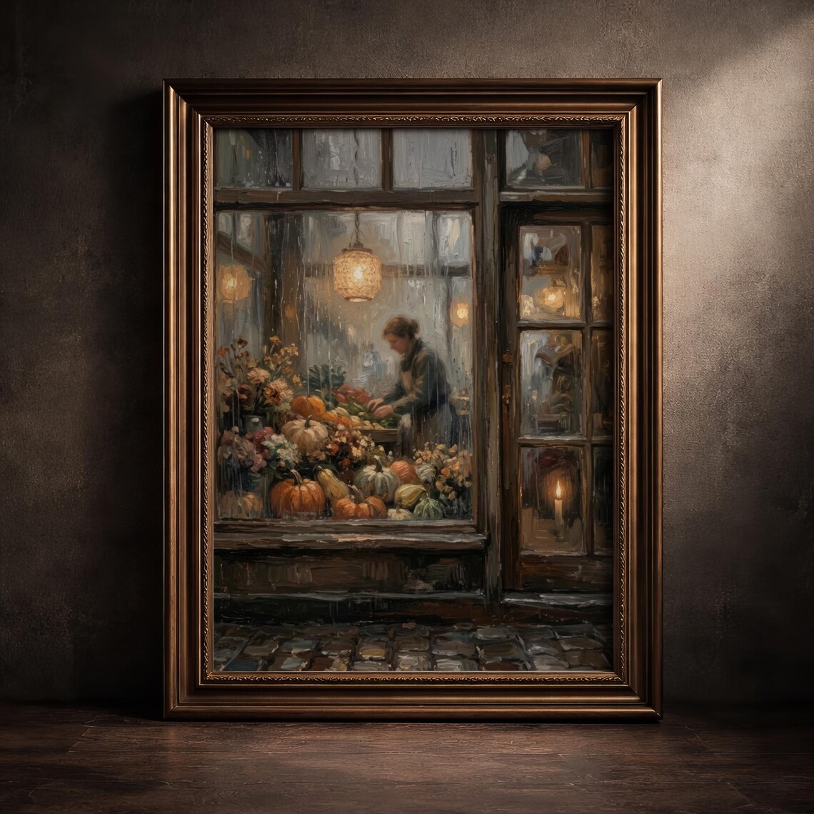 Pumpkin Stand Window Art Print, Rustic Autumn Poster