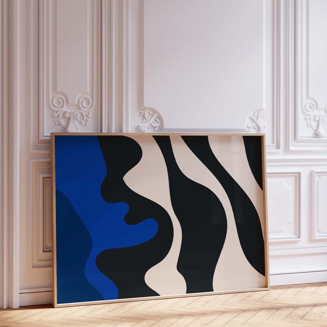 Navy Black Cream Organic Waves Horizontal Abstract Art Poster