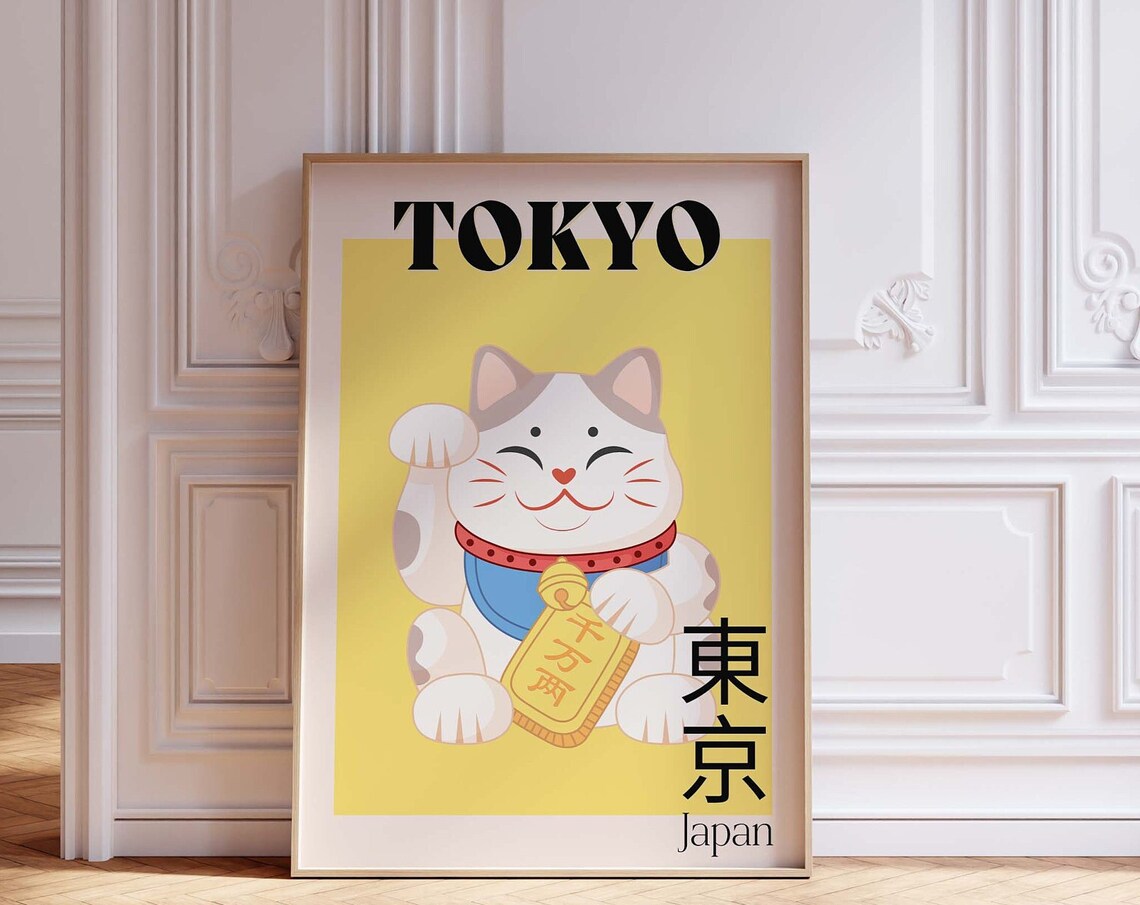 Tokyo Maneki Neko Lucky Cat Japan Travel Poster Yellow Minimalist Cat Decor