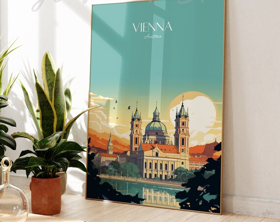 Vienna Austria Vintage Travel Poster Sunset Cathedral Retro City Art
