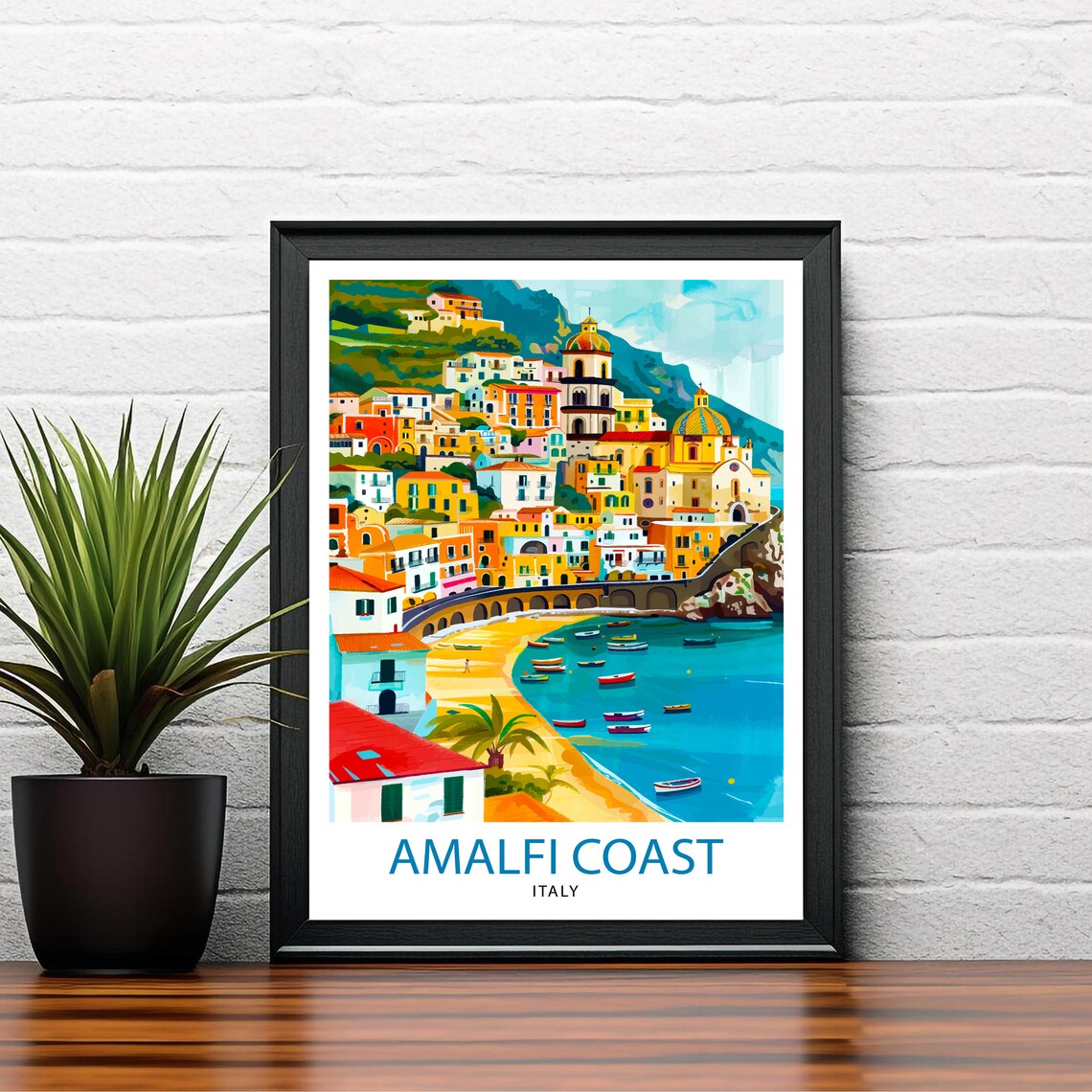 Amalfi Coast Italy Cliffside Town Beach Boats Vintage Travel Poster - Image 2