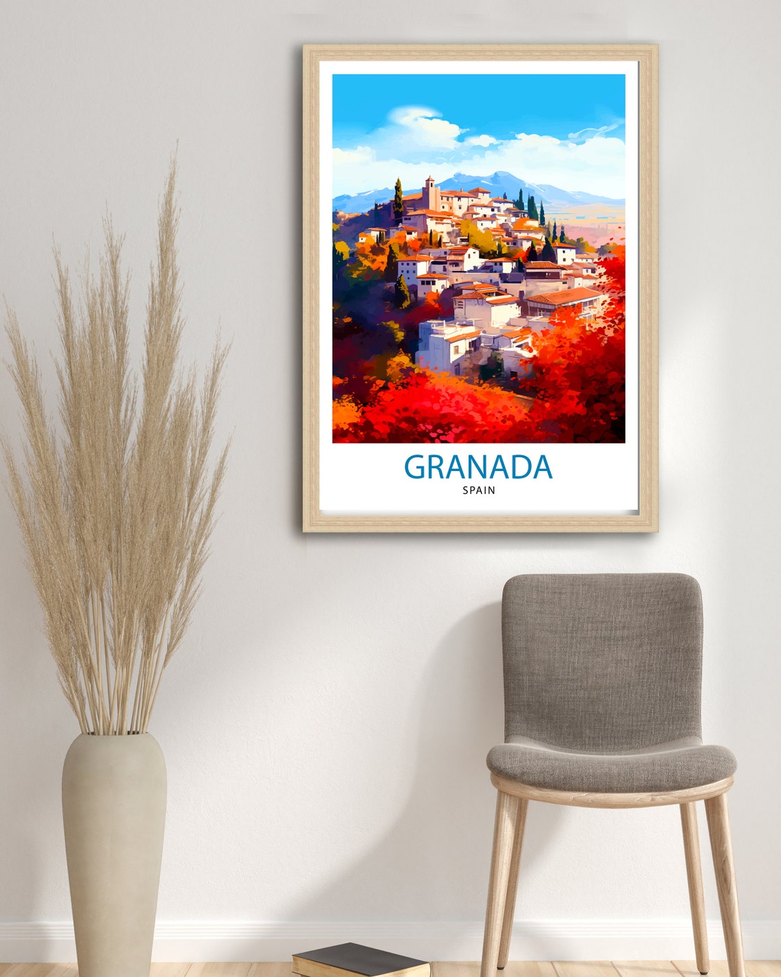 Granada Spain Hillside White Town Red Trees View Travel Poster - Image 3
