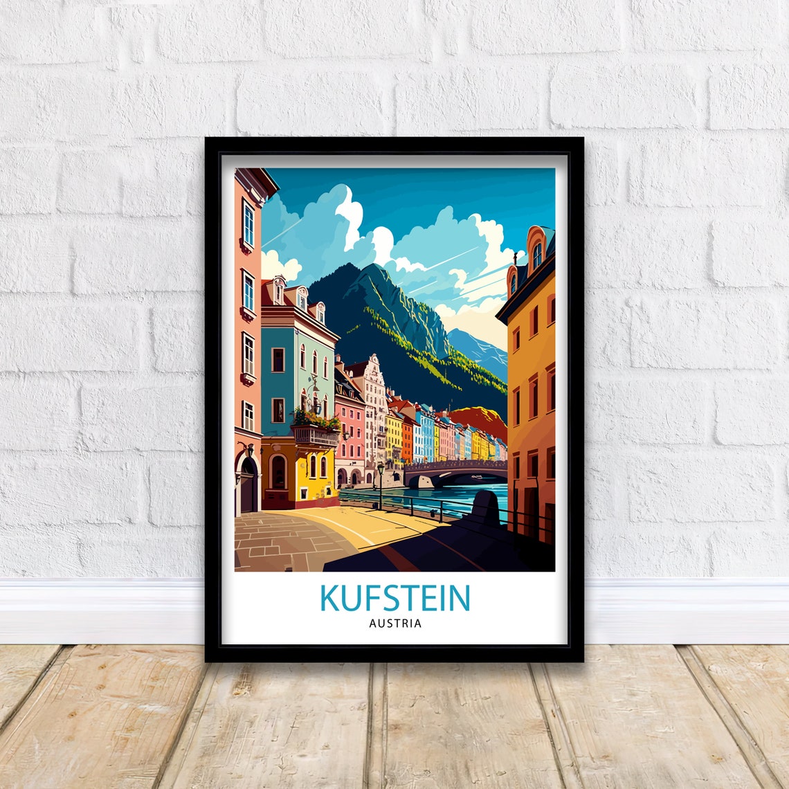 Kufstein Austria Colorful Riverside Old Town Mountain View Poster - Image 2