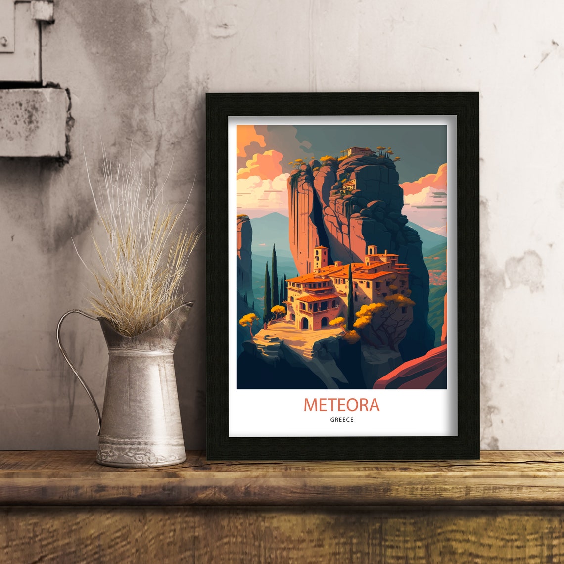 Meteora Greece Cliff Monasteries Golden Hour Retro Travel Poster - Image 3