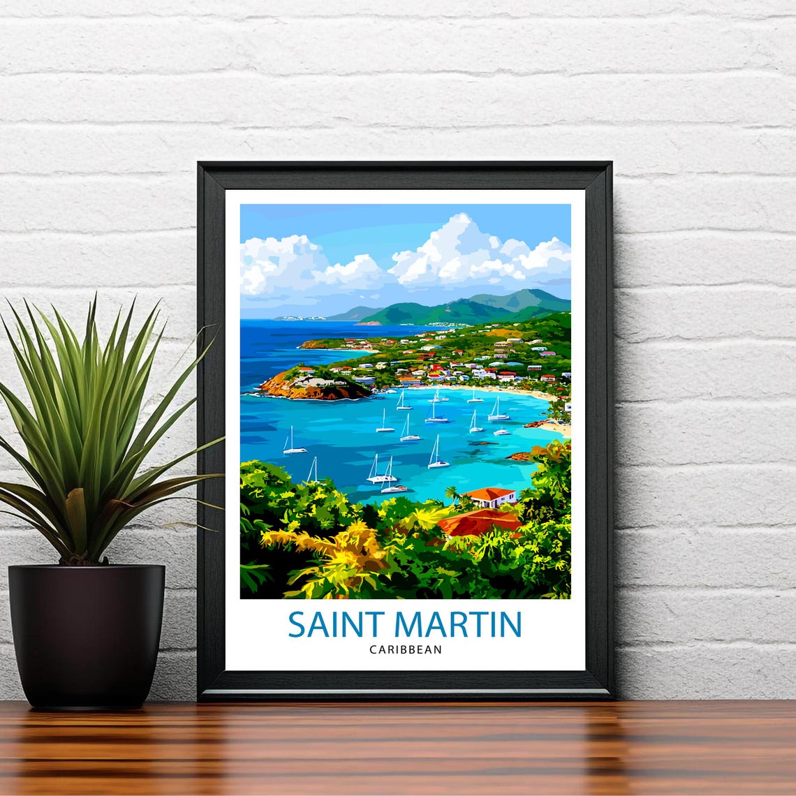 Saint Martin Caribbean Island Bay Sailboats Tropical Scene Poster - Image 2