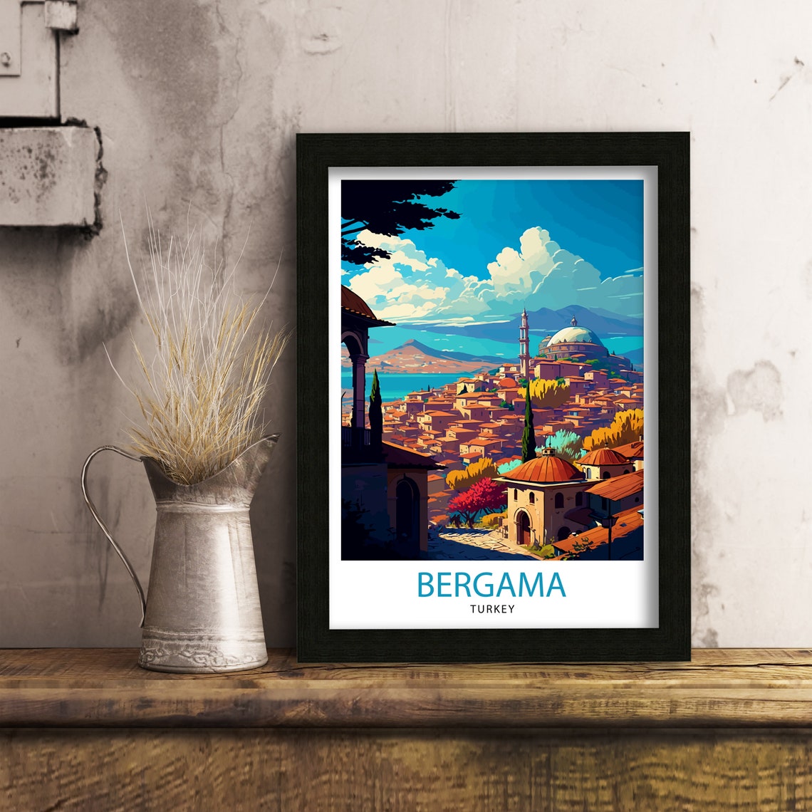 Bergama Turkey Hillside Old Town Red Roofs Vintage Travel Poster - Image 3