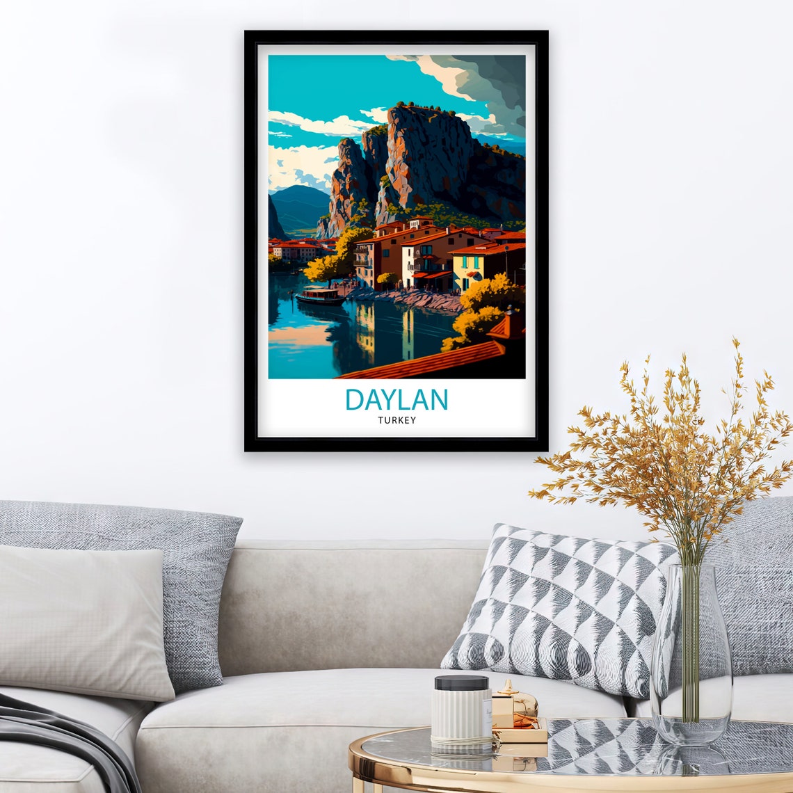 Daylan Turkey Waterfront Old Town Towering Rock Cliffs Travel Poster - Image 2