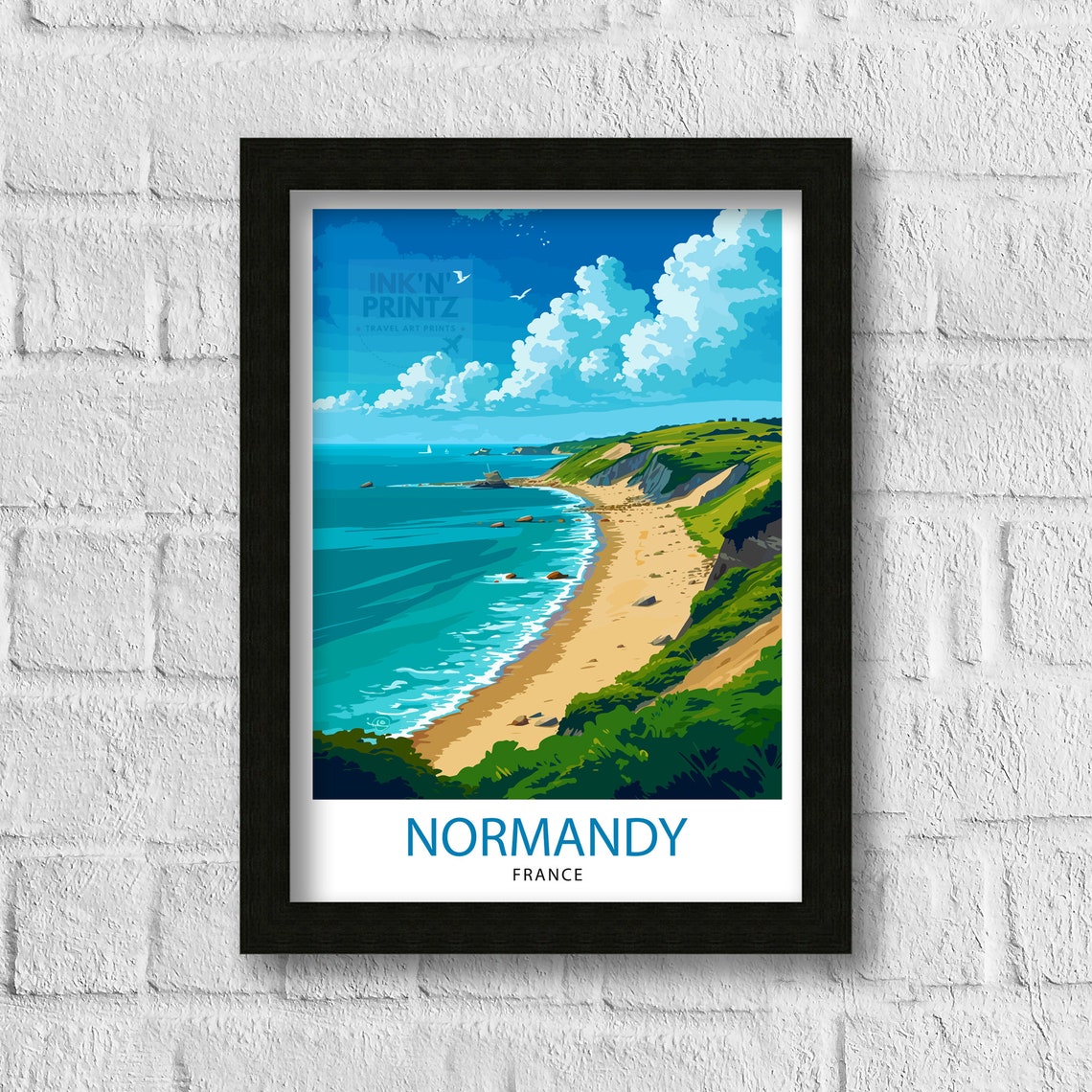 Normandy France Green Cliffs Sandy Beach Coastal Travel Poster - Image 3