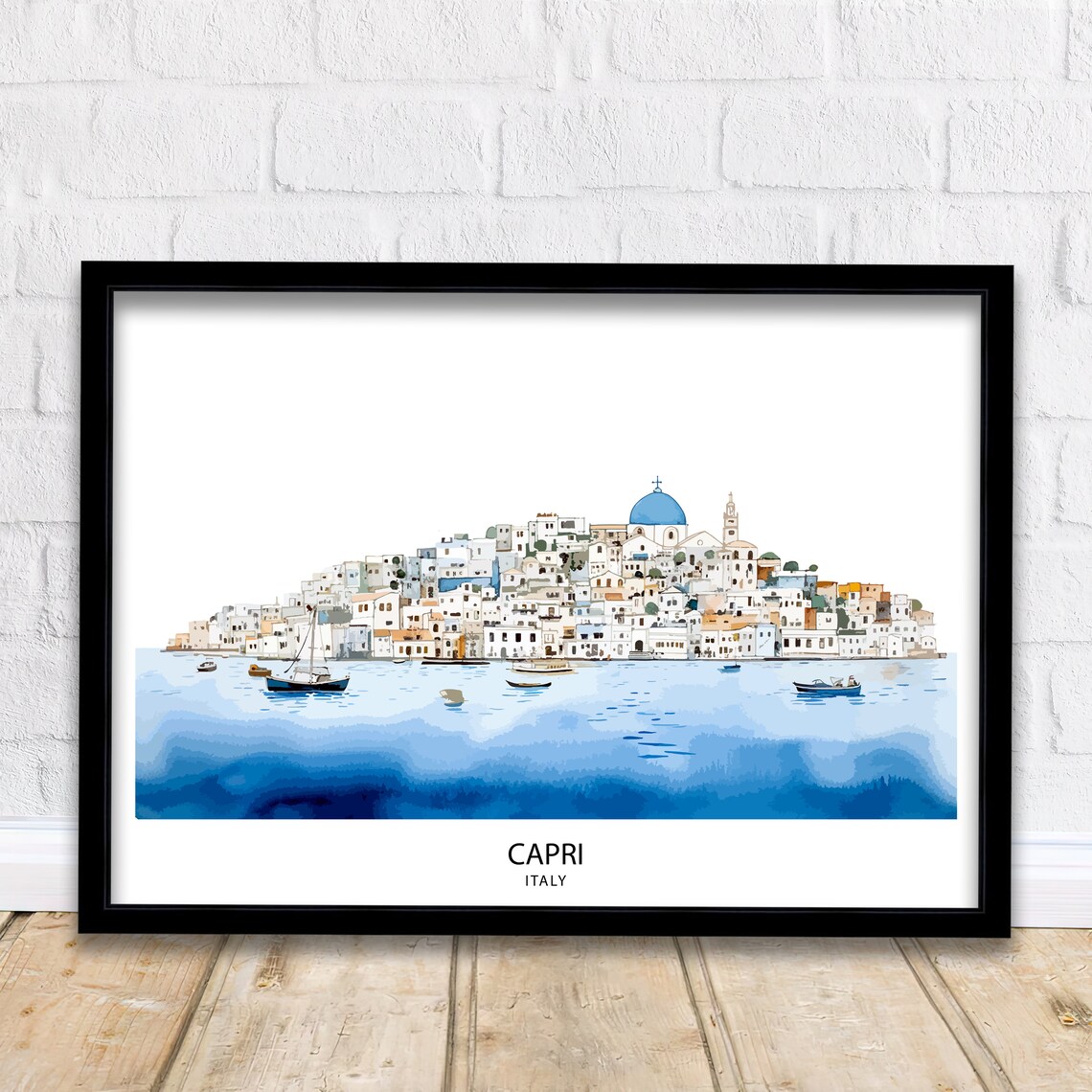 Capri Italy Island Town Panorama Blue Sea Harbor Boats Wide Poster
