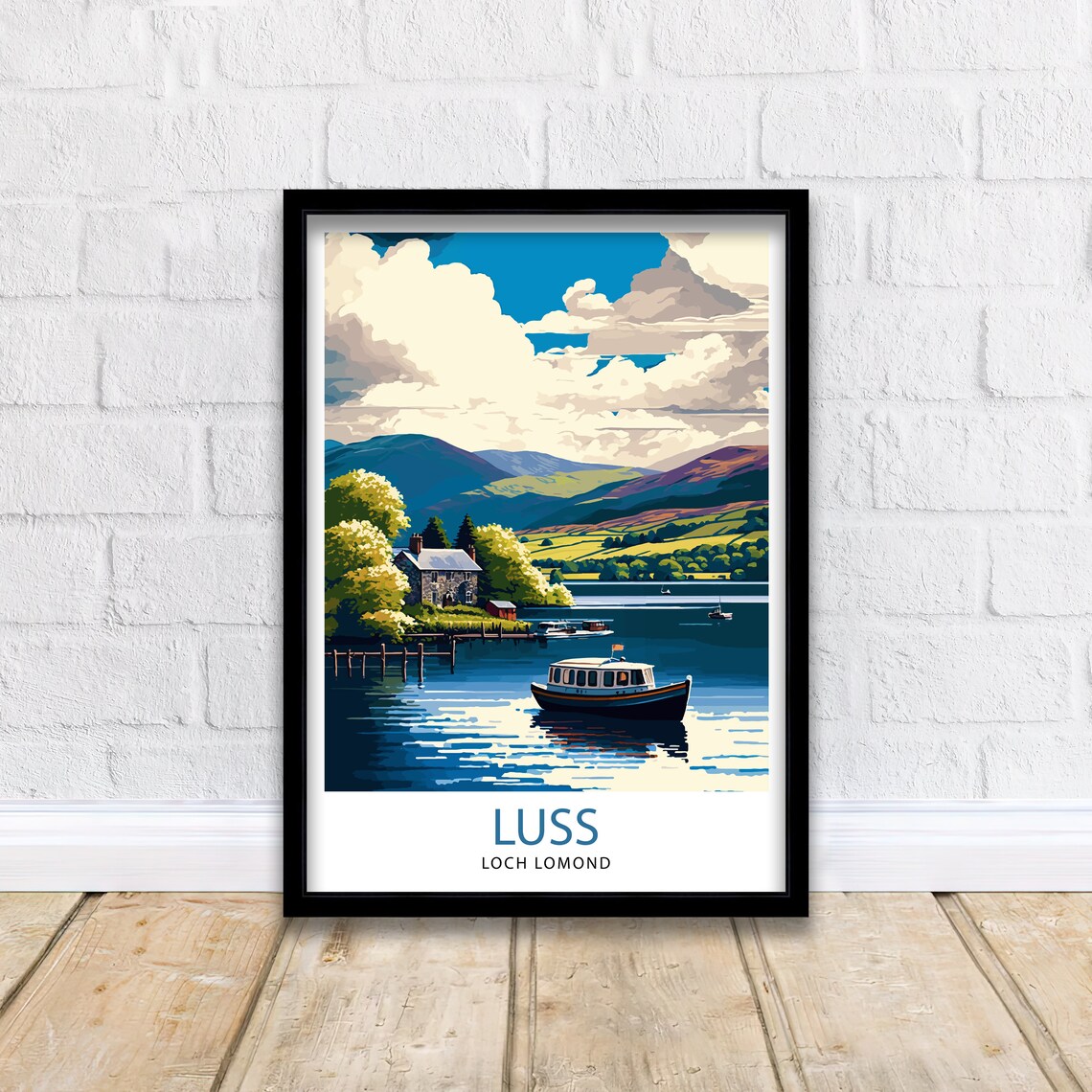 Luss Loch Lomond Scotland Lakeside Cottage Boat Village Travel Poster - Image 2