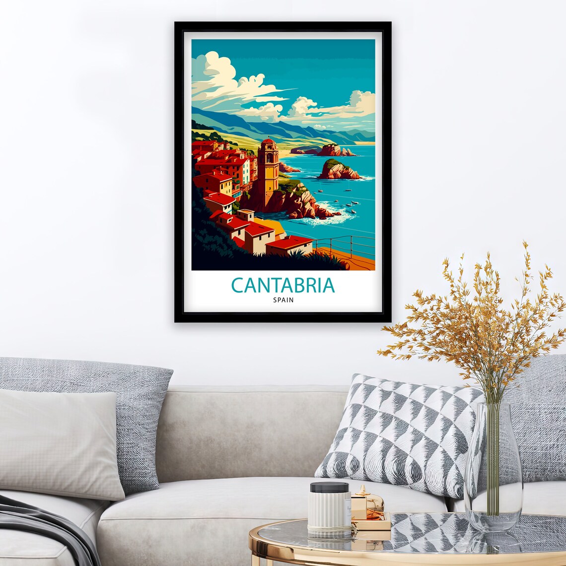 Cantabria Spain Coastal Cliff Town Church Tower Seaside Poster - Image 2
