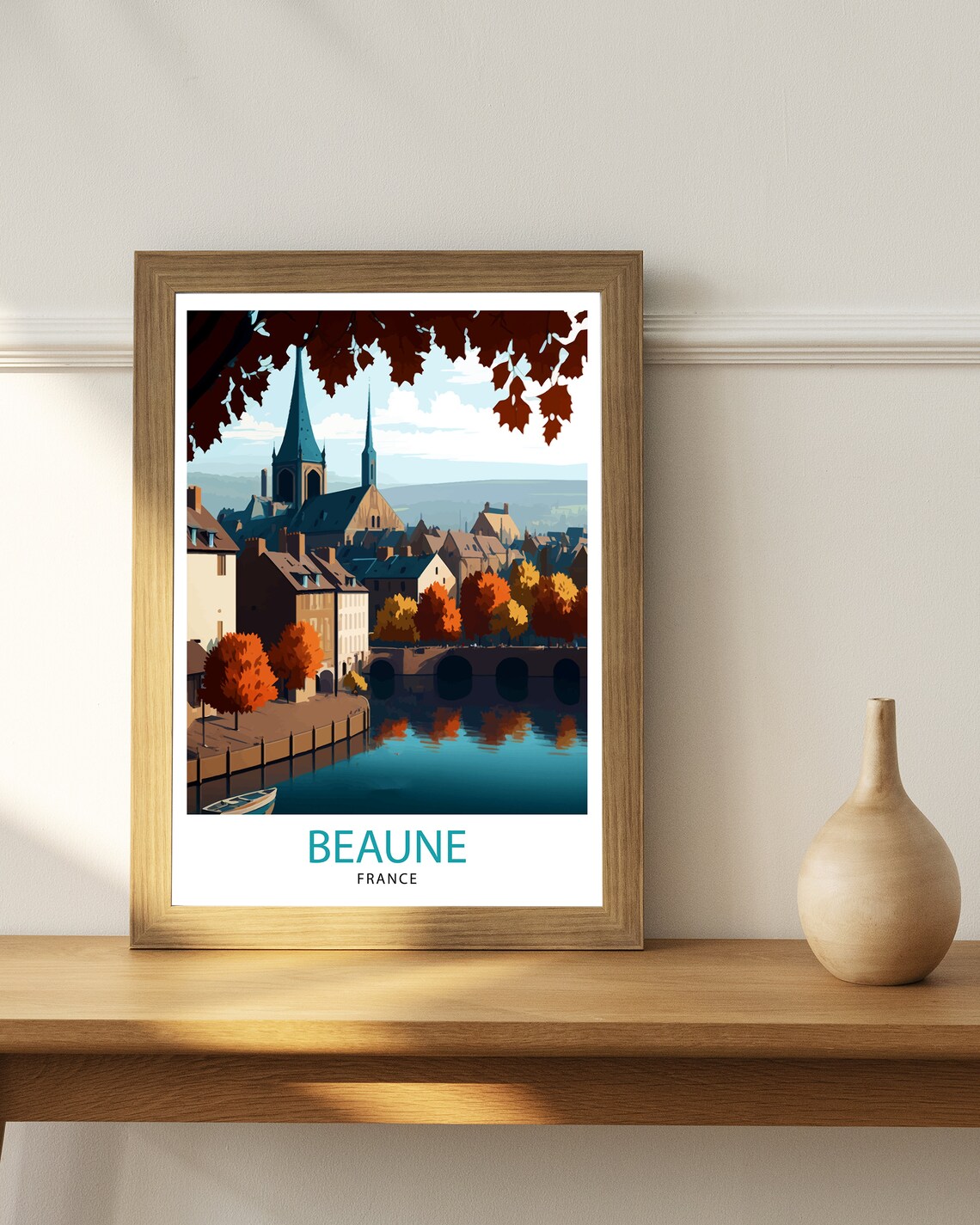 Beaune Autumn Riverside Church Spires Stone Bridge France Poster - Image 3