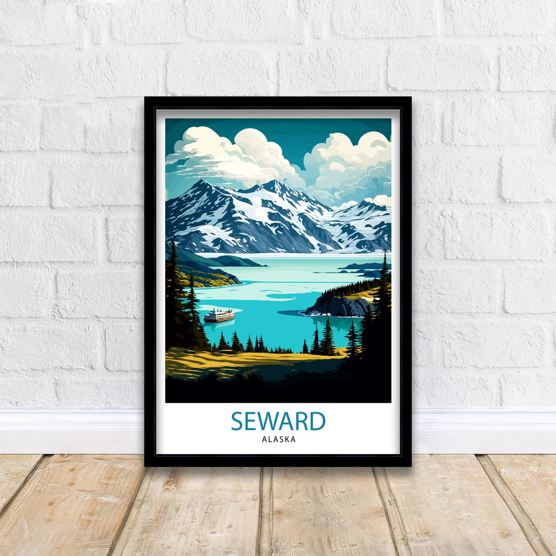 Seward Alaska Snowy Peaks Fjord Boat Vintage Travel Poster Mountains - Image 2