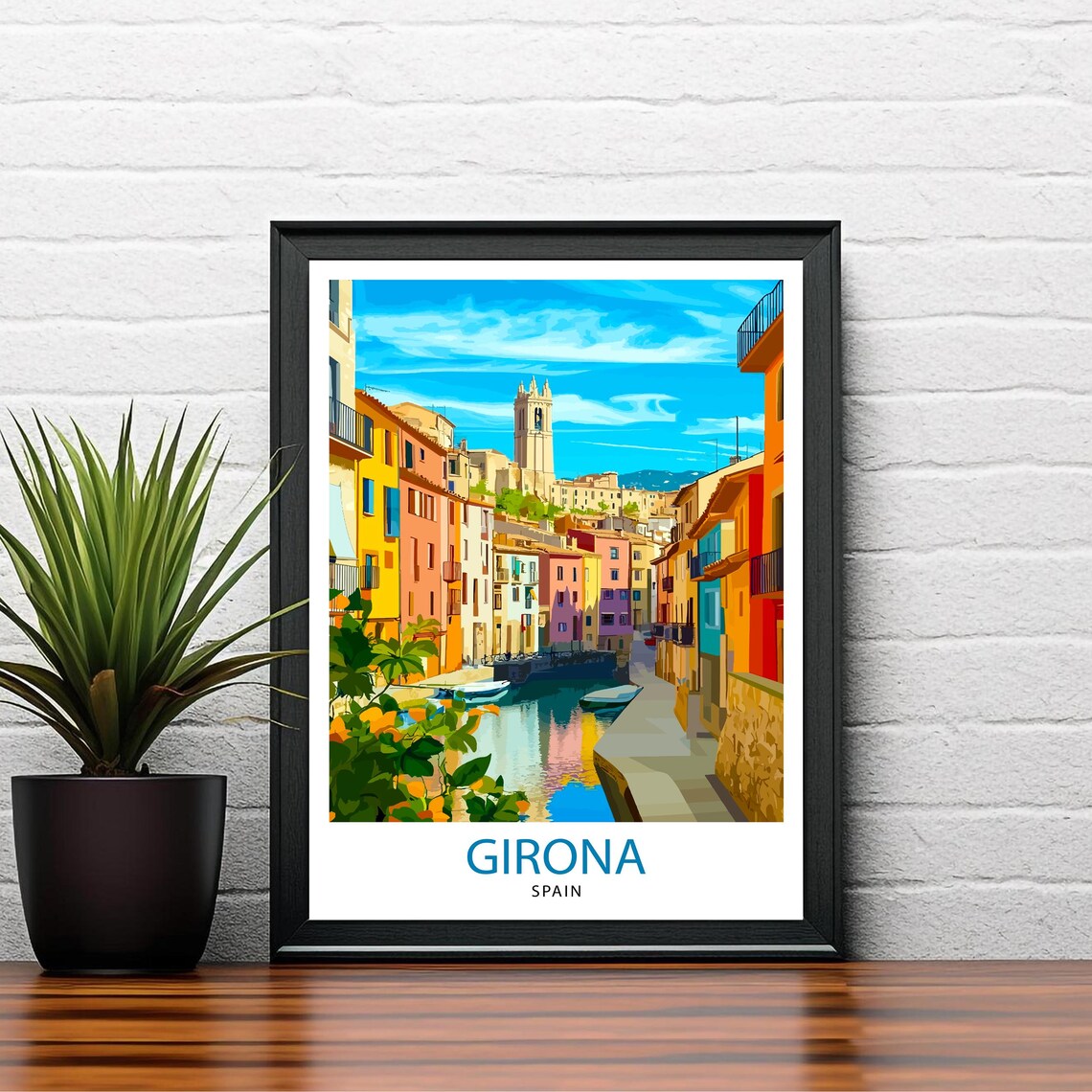 Girona Spain Colorful Canal Houses Bell Tower Reflection Travel Poster - Image 2