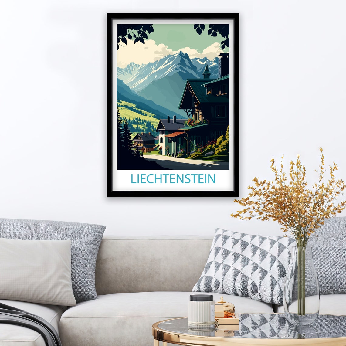Liechtenstein Alpine Village Chalets Snow Peaks Travel Poster - Image 2