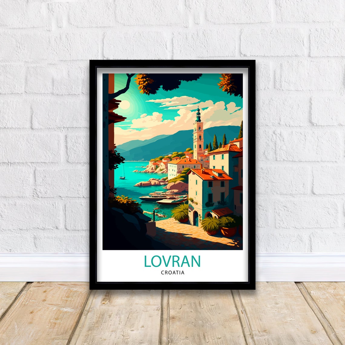 Lovran Croatia Cliffside Town Bell Tower Adriatic Coast Travel Poster - Image 2