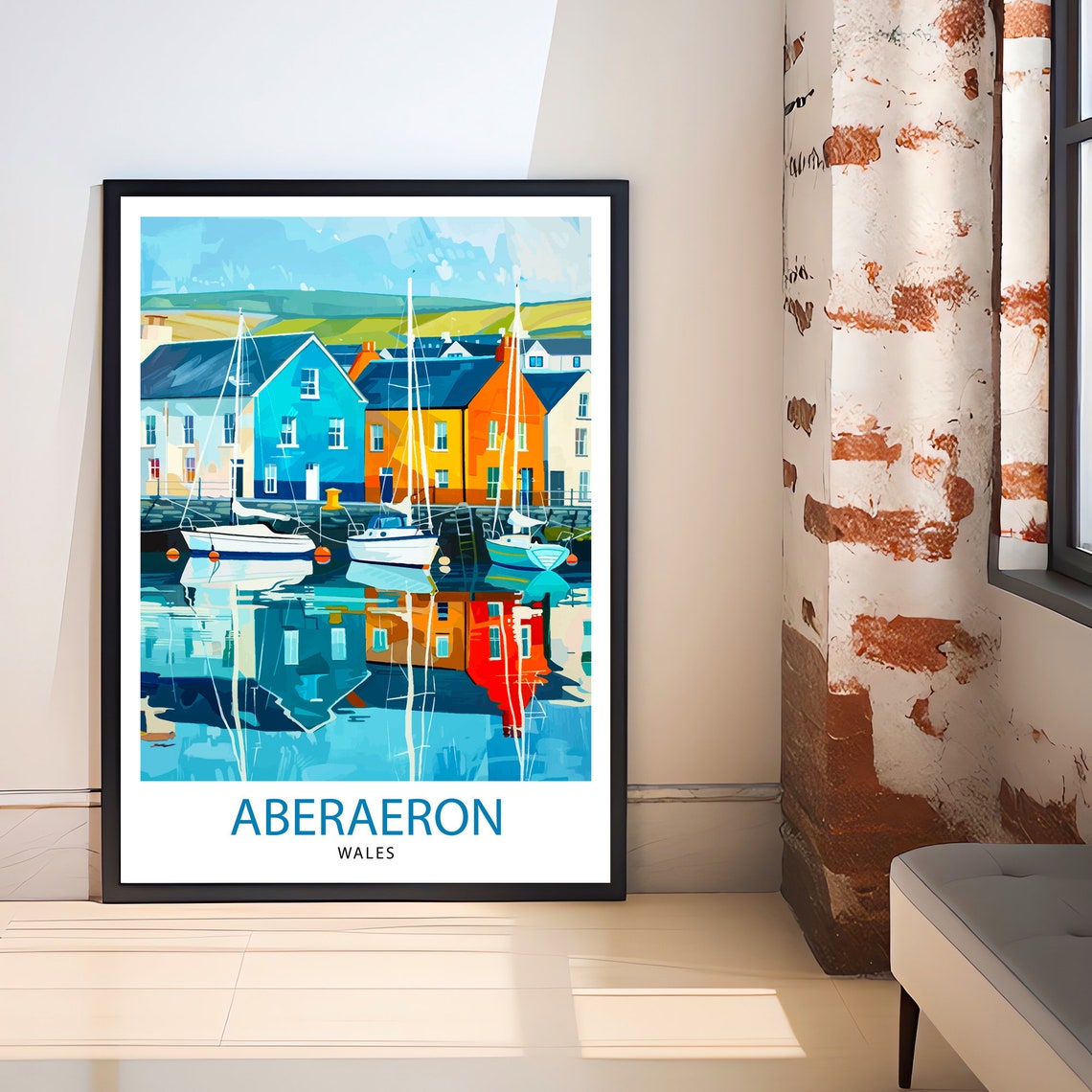 Aberaeron Wales Colorful Harbor Sailboats Waterfront Travel Poster - Image 3