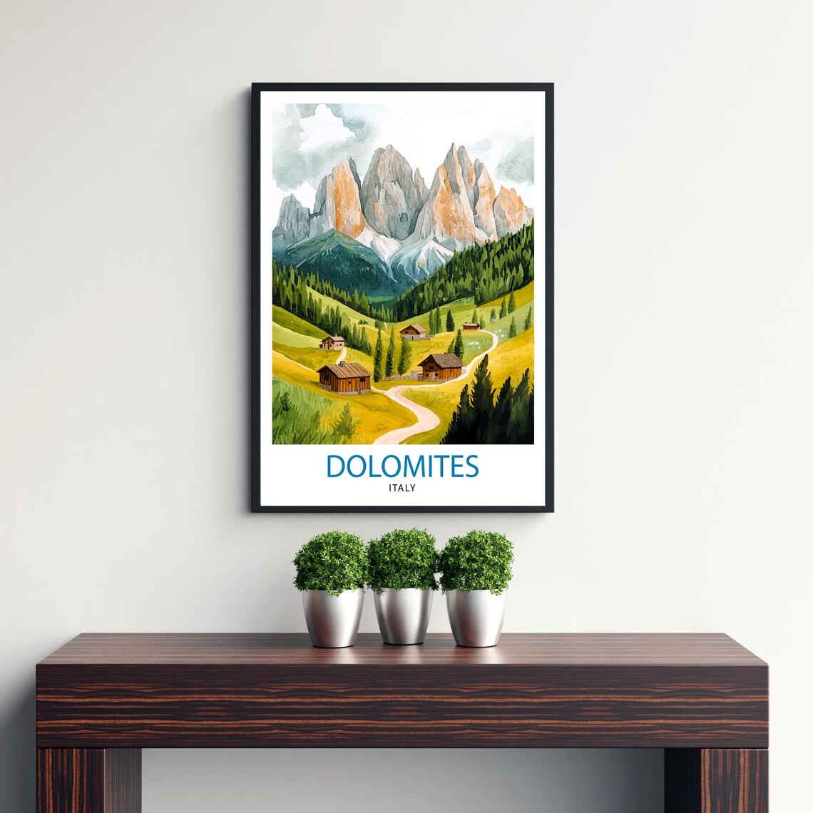 Dolomites Italy Jagged Peaks Wooden Cabins Meadow Valley Art Poster - Image 2