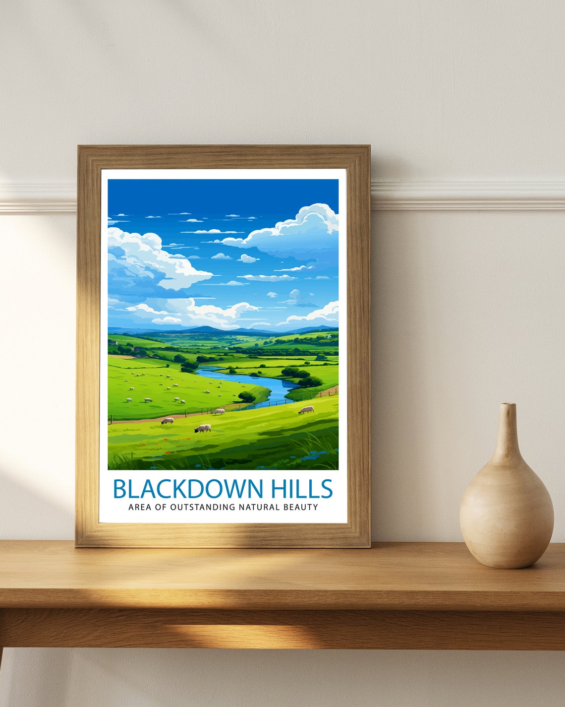 Blackdown Hills AONB Rolling Green Hills Sheep Farm Art Poster - Image 2