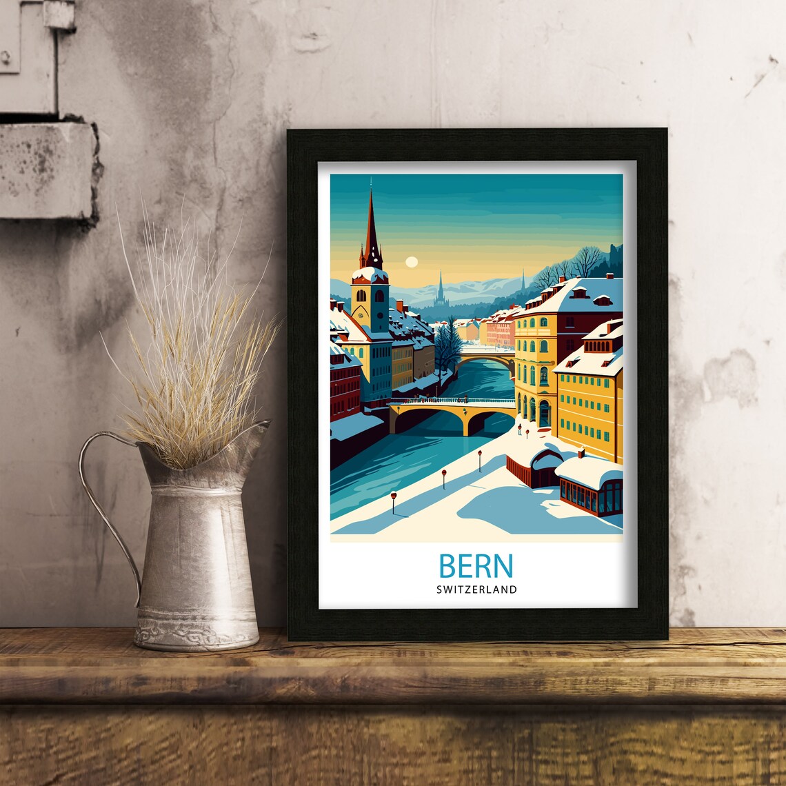 Bern Switzerland Snowy Old Town River Church Winter Travel Poster - Image 3