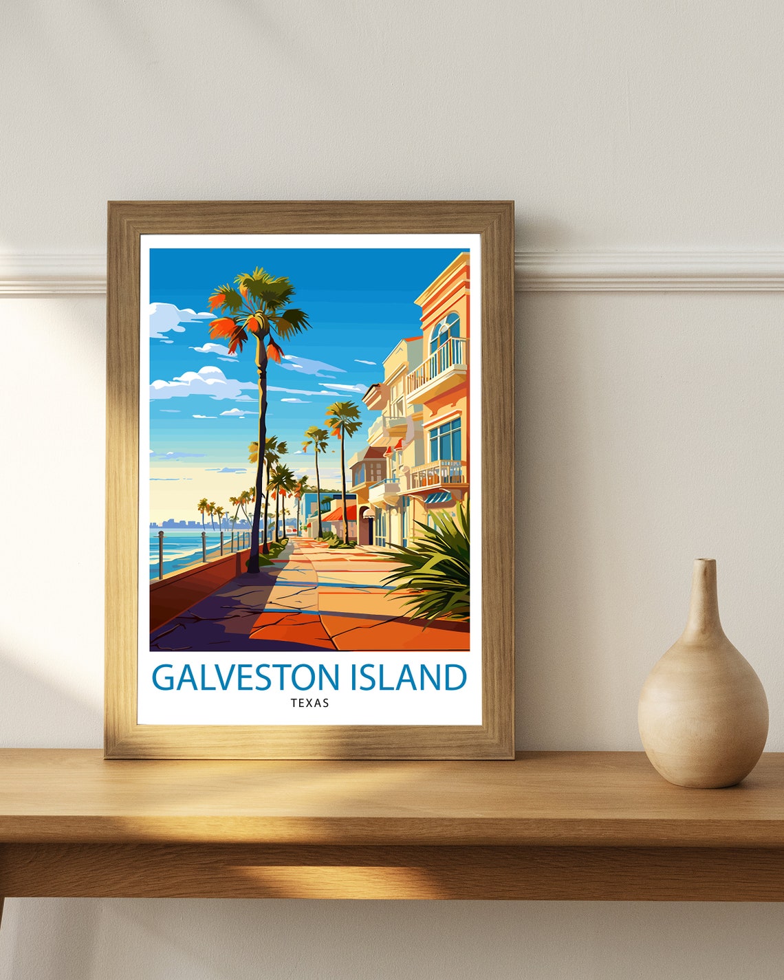 Galveston Island Texas Beachfront Promenade Palm Trees Poster - Image 3