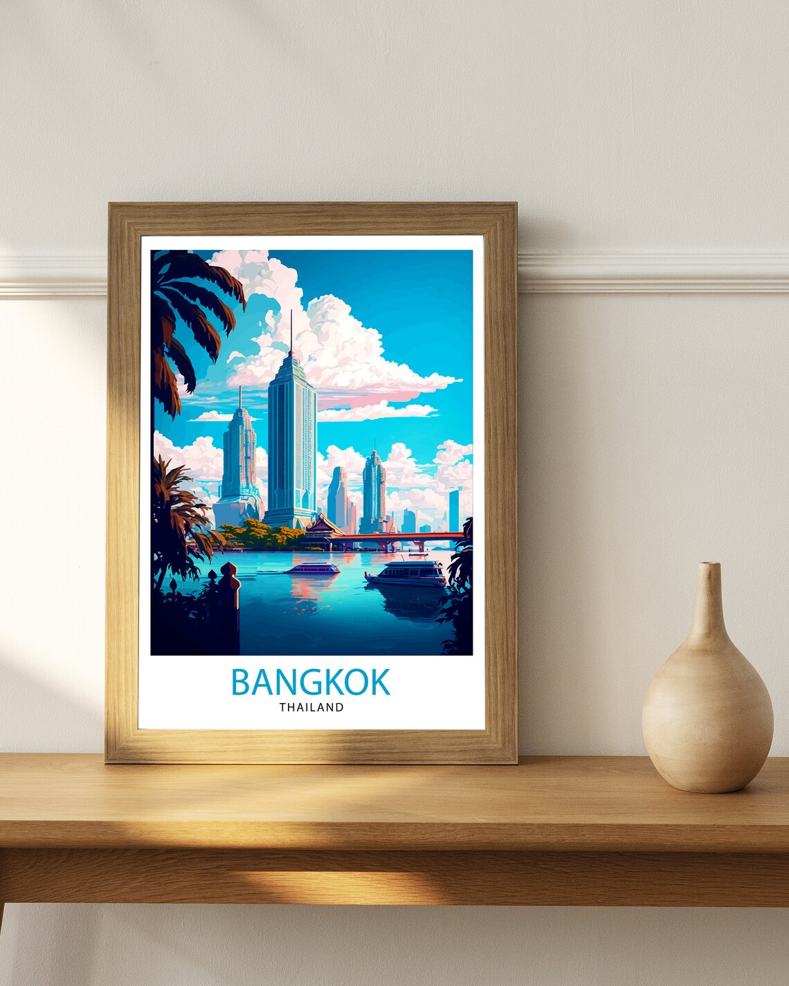 Bangkok Thailand River Skyline Skyscrapers Boats Night Travel Poster - Image 3