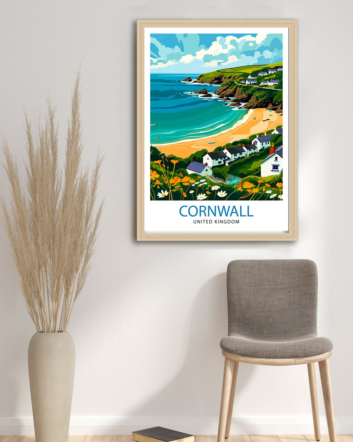 Cornwall United Kingdom Sandy Beach Village Cottages Seaside Poster - Image 2
