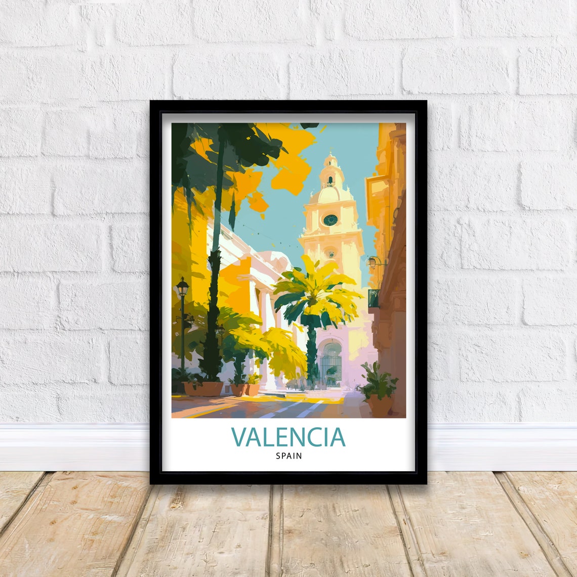 Valencia Spain Sunlit Street Palm Trees Bell Tower Travel Poster - Image 2
