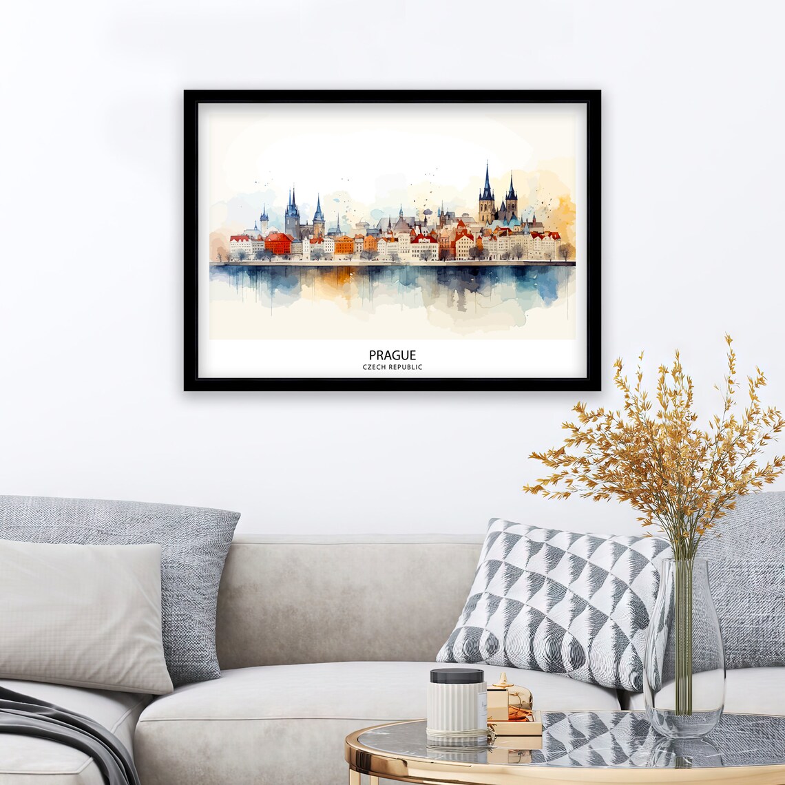 Prague Czech Republic Watercolor Old Town Skyline River Travel Poster - Image 2