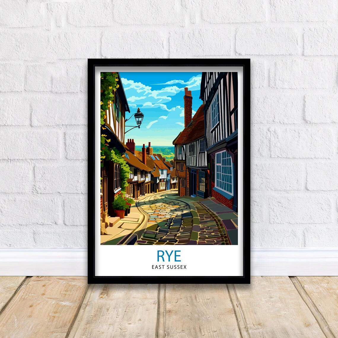 Rye East Sussex Cobbled Street Half Timbered Houses Town Art Poster