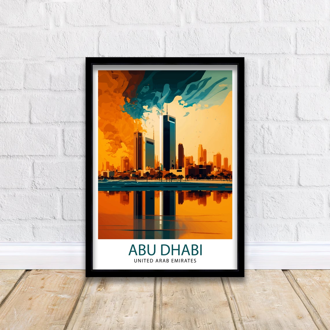Abu Dhabi United Arab Emirates Sunset Skyline Reflection Travel Poster - Image 2