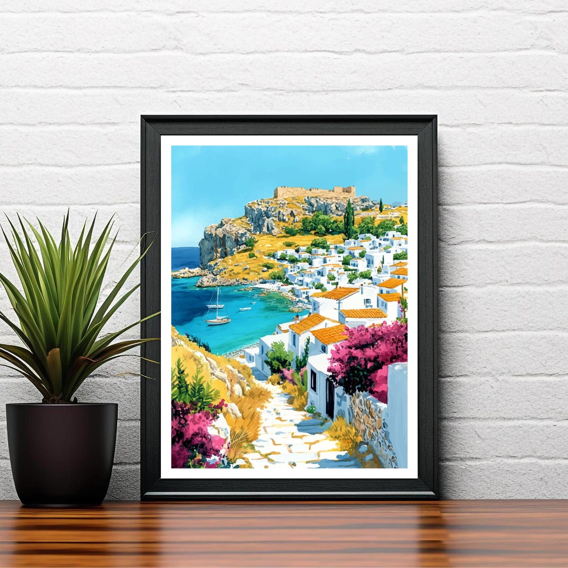 Lindos Greece Whitewashed Cliffside Village Acropolis Bay View Poster - Image 2