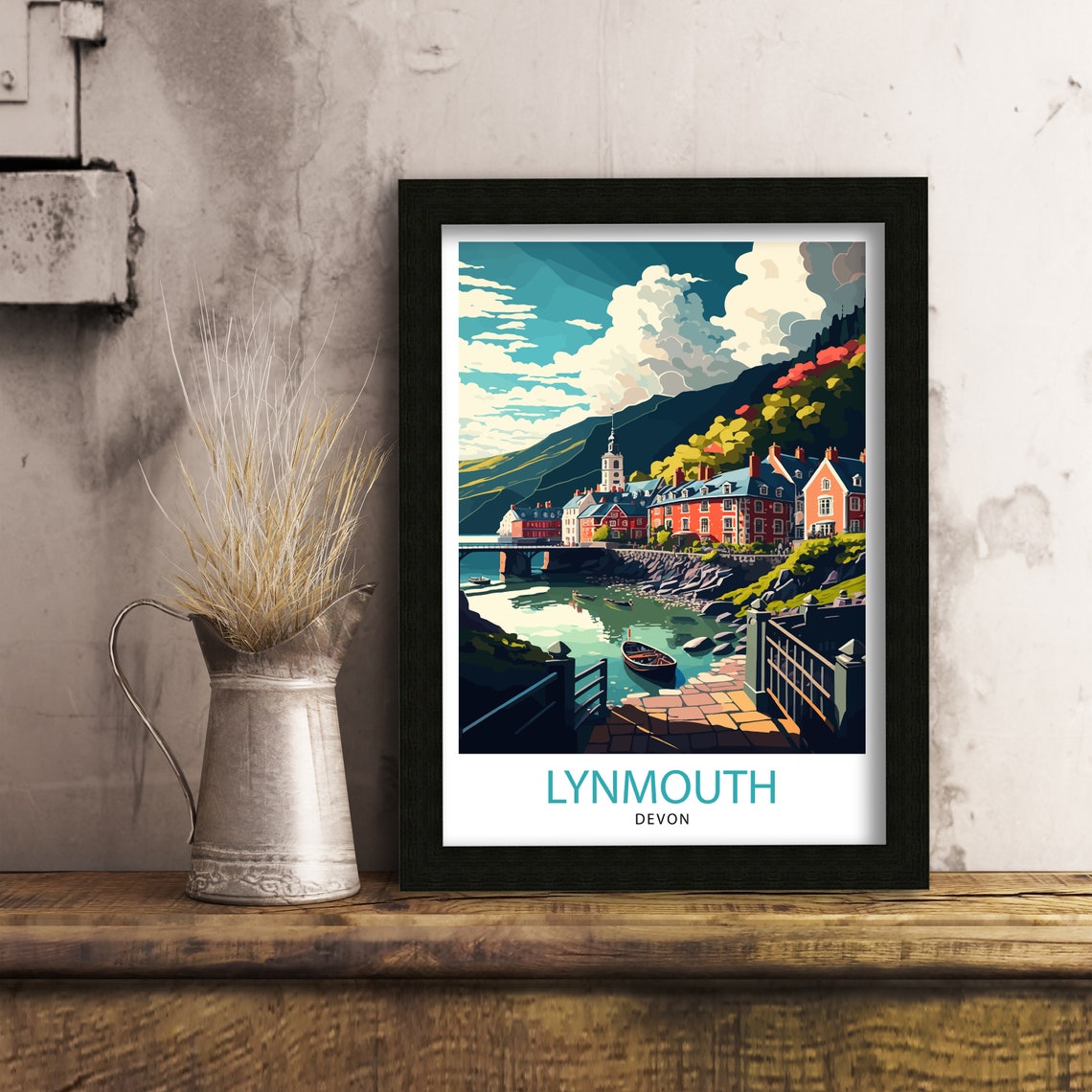 Lynmouth Devon Harbor Red Cottages Seaside Village Coastal Poster - Image 3