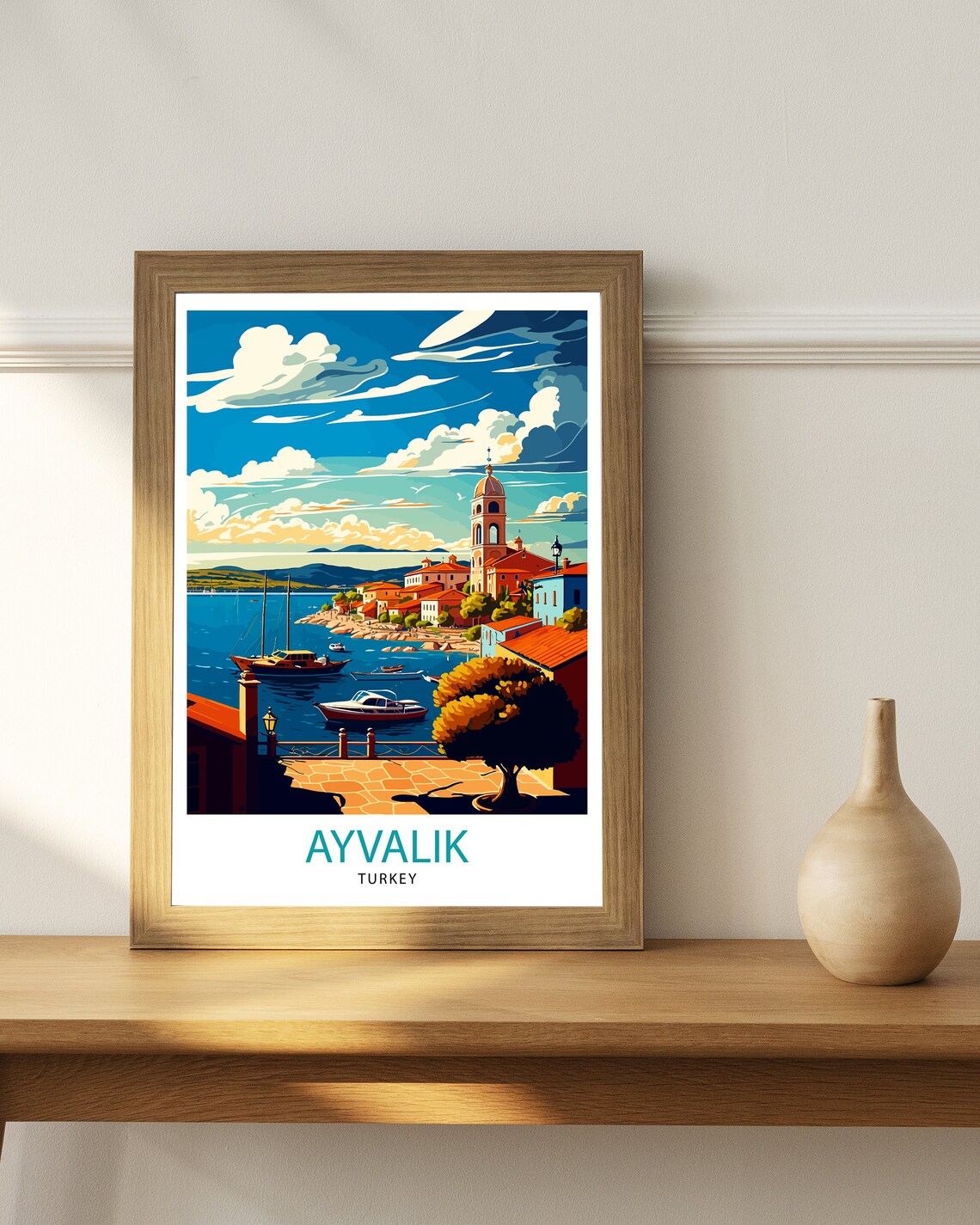 Ayvalik Turkey Harbor Boats Church Tower Seaside Town Travel Poster - Image 3