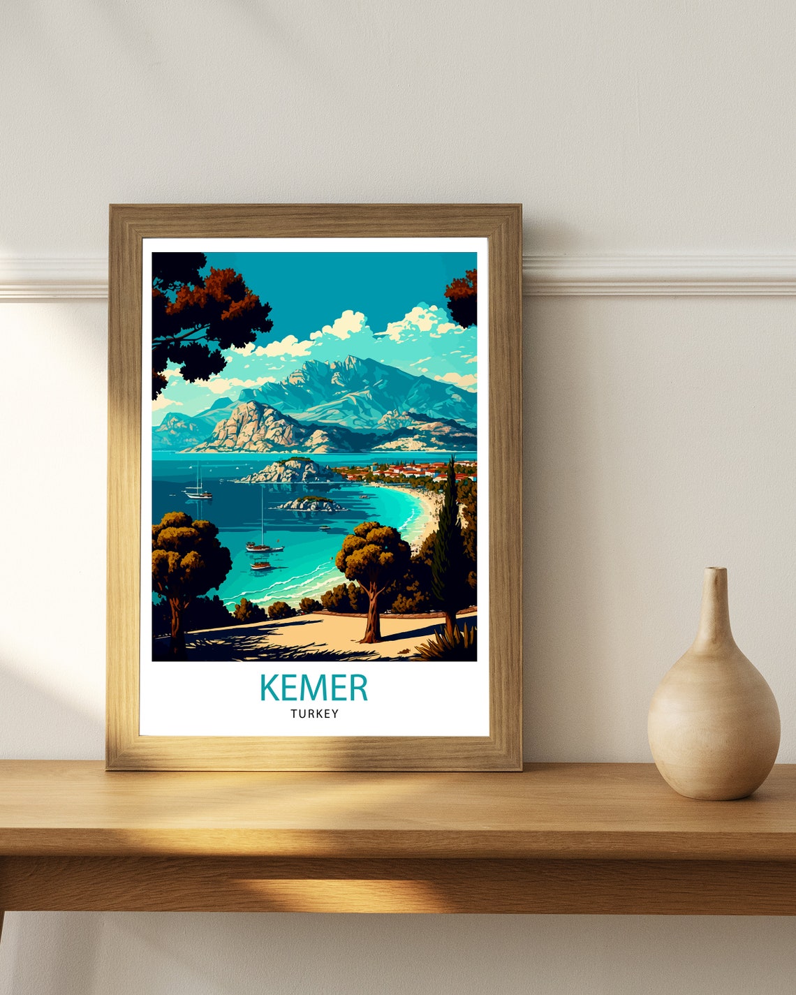 Kemer Turkey Turquoise Bay Boats Mountain Coast Travel Poster - Image 3