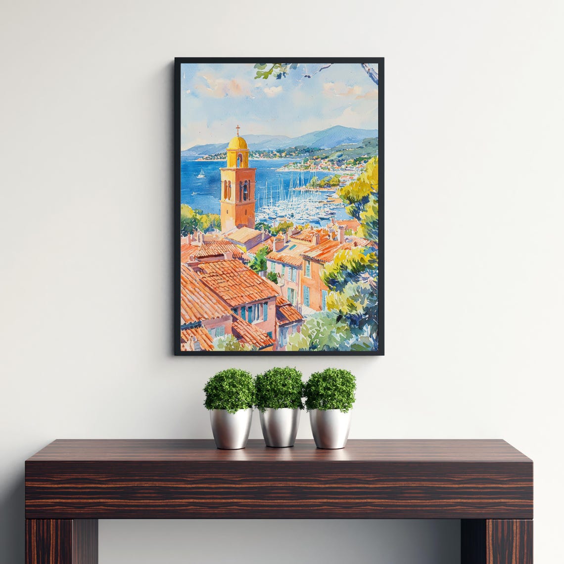 Saint Tropez Watercolor Harbor Bell Tower French Riviera Poster