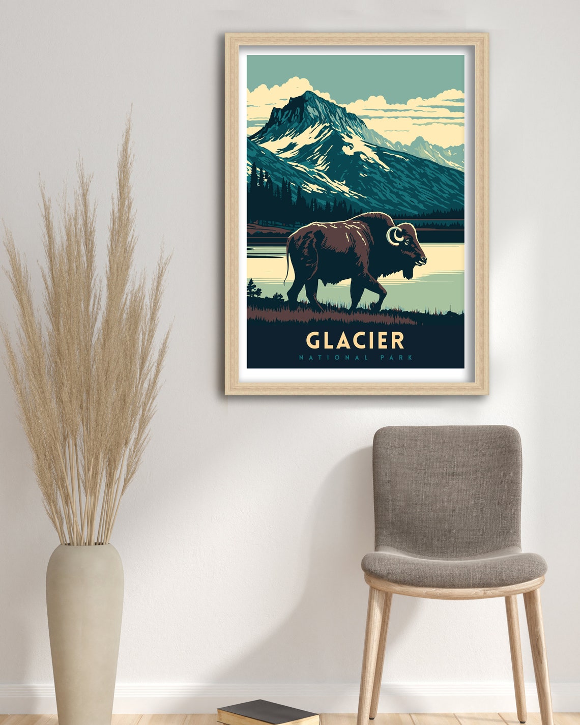 Glacier National Park Bison Mountain Lake Retro Wildlife Poster - Image 3