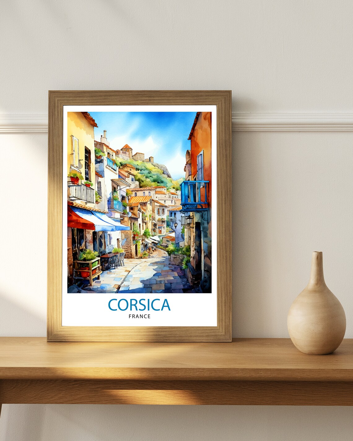 Corsica Old Town Street Watercolor Balconies Citadel France Poster - Image 3