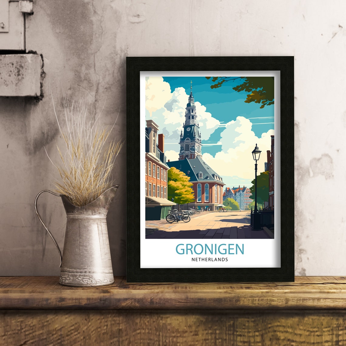 Groningen Netherlands Church Tower Square Bicycle Travel Poster - Image 3