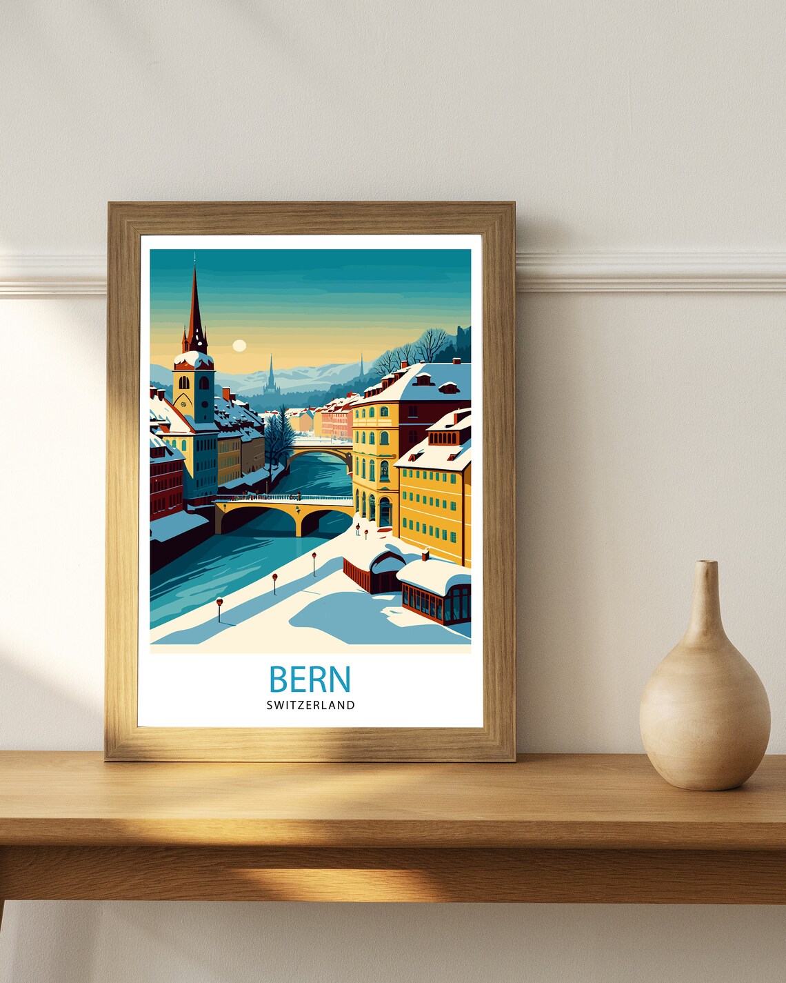 Bern Switzerland Snowy Old Town River Church Winter Travel Poster - Image 2