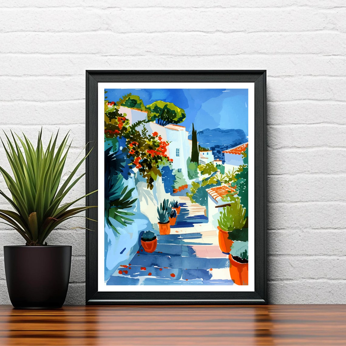 Altea Spain Whitewashed Alley Flower Pots Mediterranean Poster - Image 2