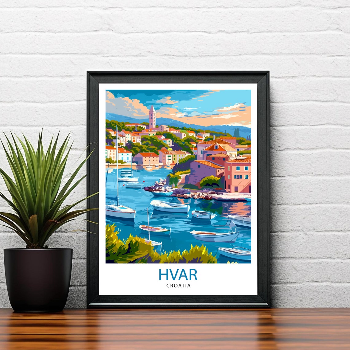 Hvar Croatia Sunlit Old Town Harbor Boats Church Tower View Poster - Image 2