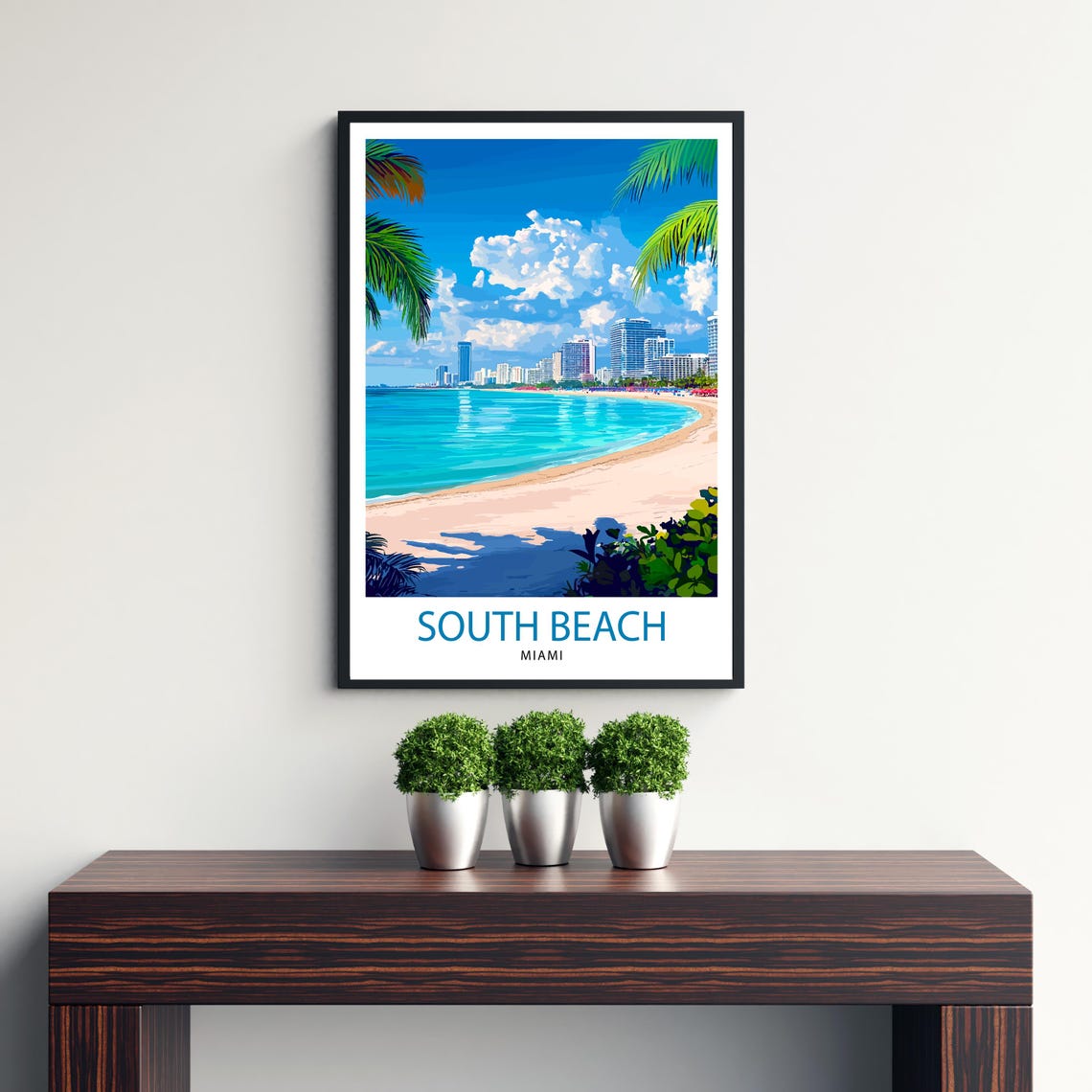 South Beach Miami Florida Palm Trees Skyline Ocean View Poster - Image 3