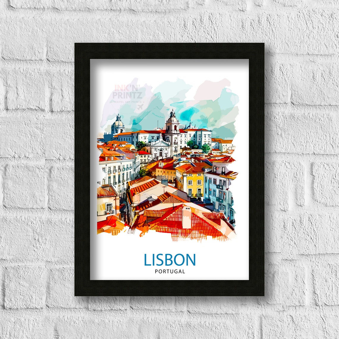 Lisbon Portugal Terracotta Rooftops Watercolor Travel Art Poster - Image 3