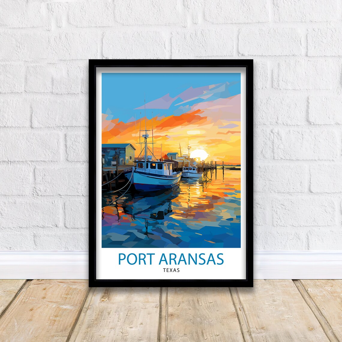 Port Aransas Texas Harbor Sunset Fishing Boats Reflective Poster - Image 2