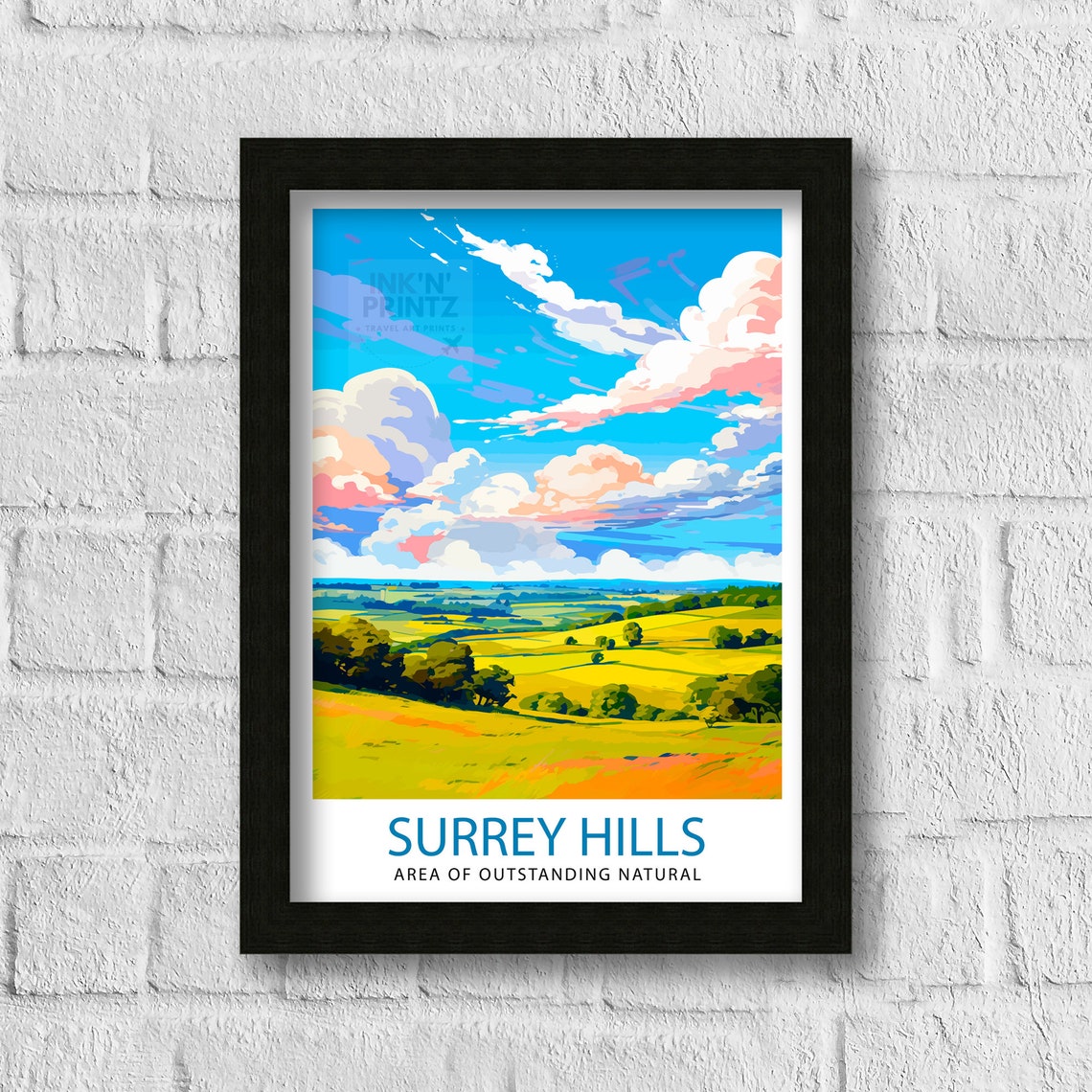 Surrey Hills England Rolling Green Fields Clouds Travel Poster - Image 3