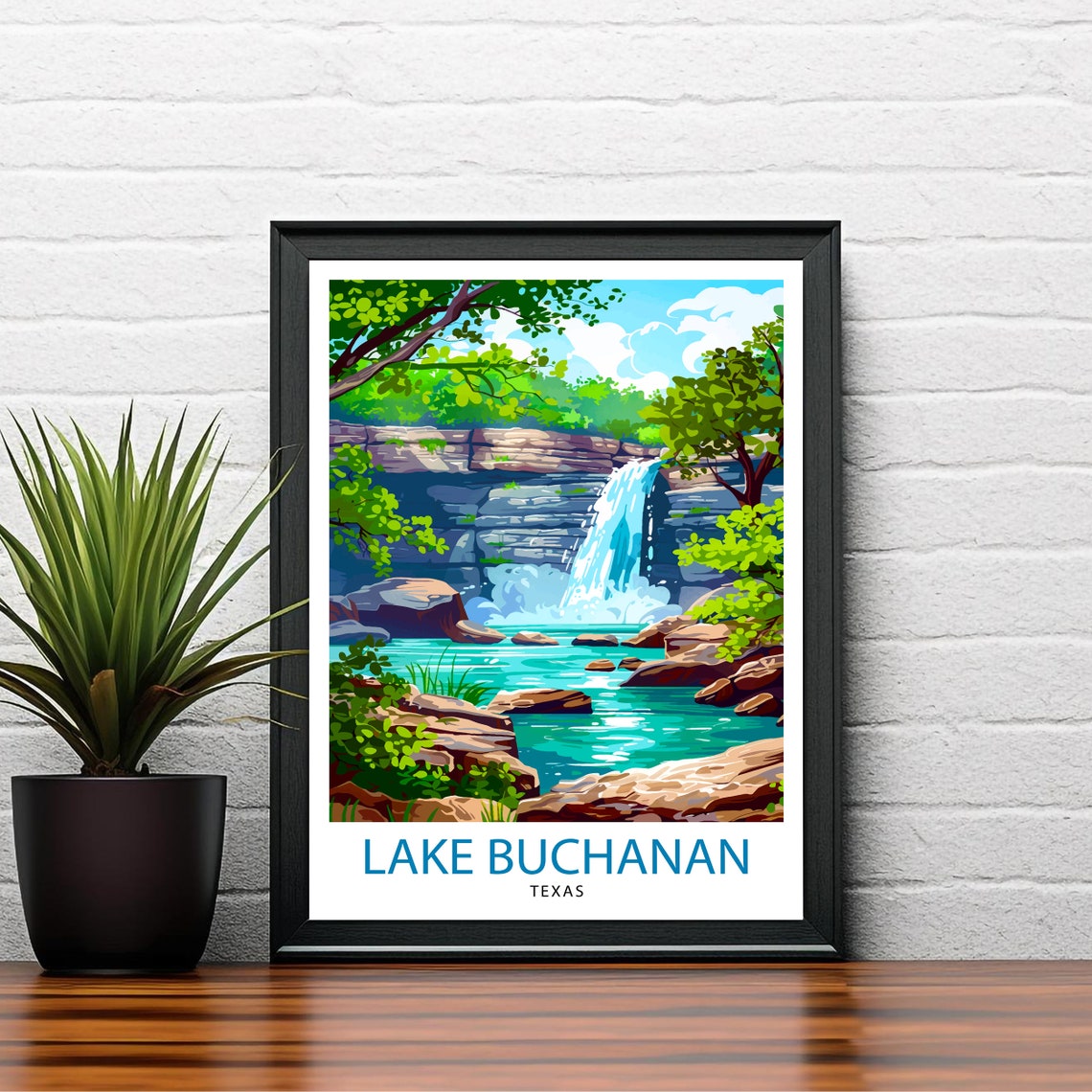 Lake Buchanan Texas Waterfall Forest Turquoise Pool Cliffs Poster - Image 2