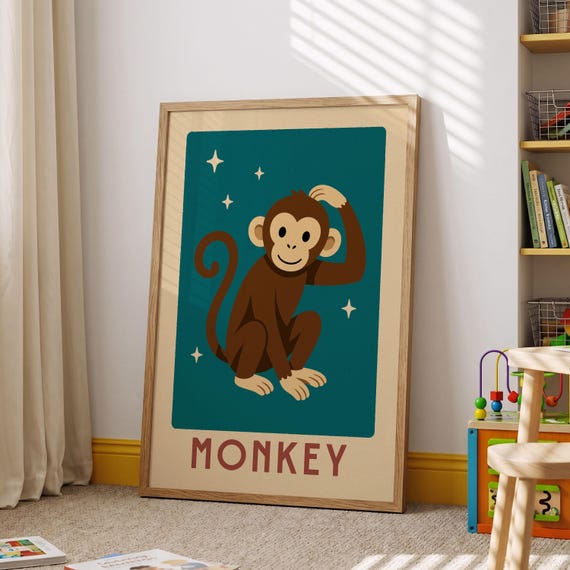Monkey Nursery Print Retro Jungle Animal Wall Art Kids Room Decor