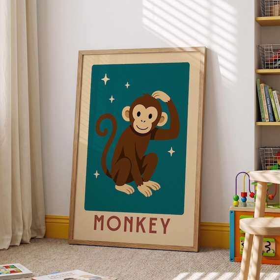 Retro Monkey Scratching Head Teal Jungle Animal Kids Room Poster