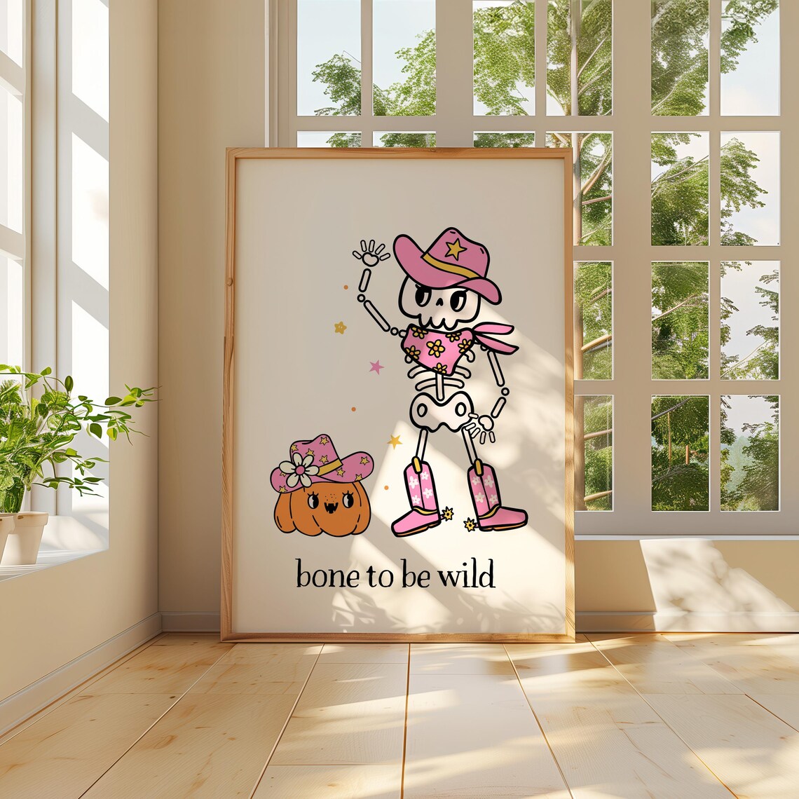 Halloween Cowgirl Retro Skeleton Art Print, Pastel Decor